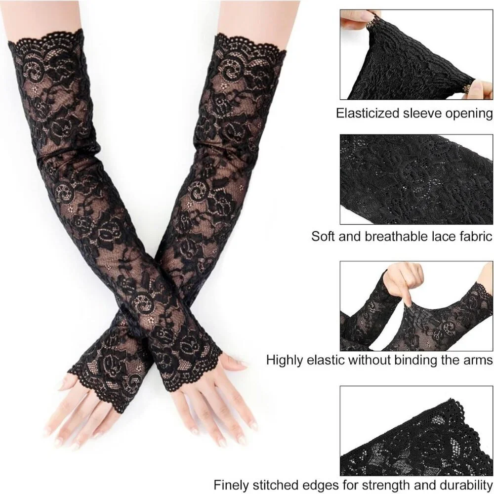 Women's 1 Black Fingerless Lace Arm Sleeves Gloves Wedding Dress Party Prom